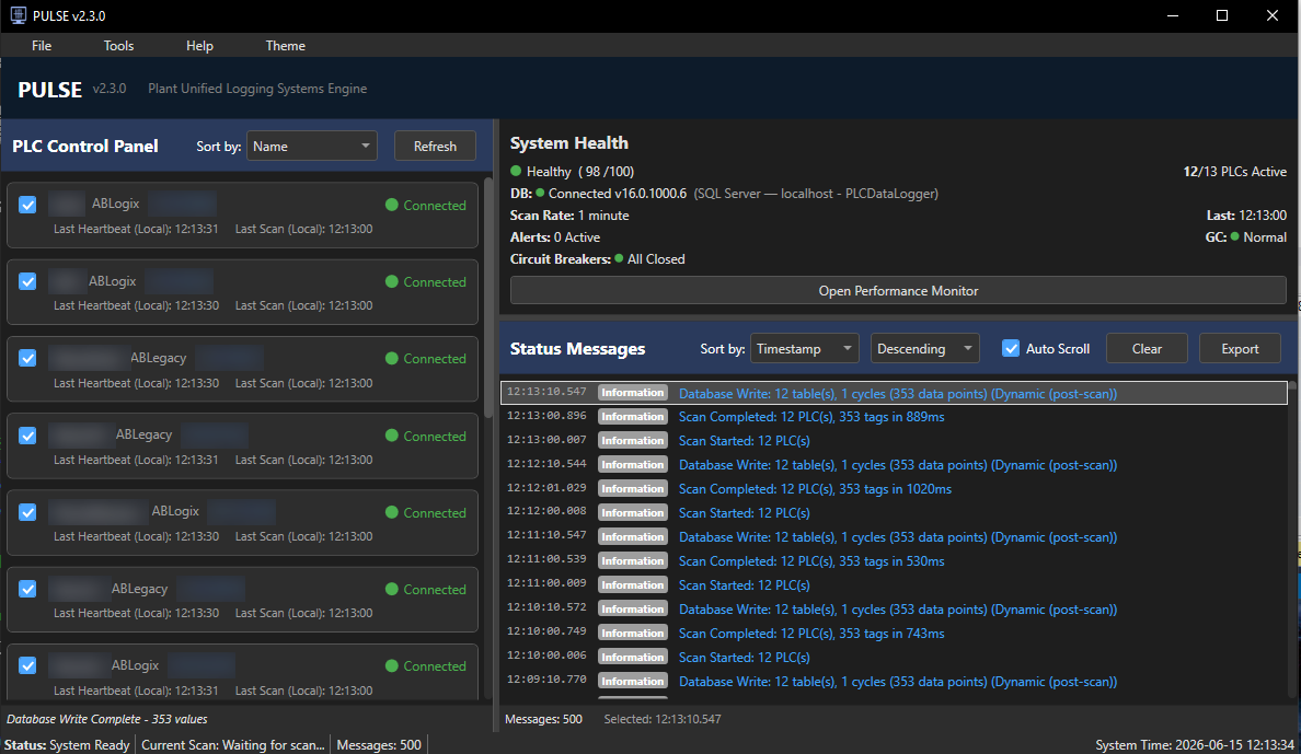 PULSE desktop client showing the PLC control panel, system health, and live status message log